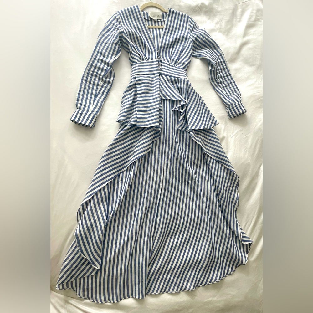 Johanna Ortiz Rio Grande Tunic Navy/white striped linen, large sash, 0, EUC - Picture 6 of 15
